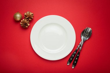 Kutlama için hazırlanan Noel sofrasında boş bir beyaz tabak var. Gümüş takımlar. Altın kozalaklar. Ve canlı kırmızı arka planda köknar ağacı dalı. Şık ve zarif bir tatil yemeği atmosferi yaratmak.