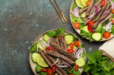 İki tabak geleneksel Tayland sığır eti salatası, sebzeli ve naneli. Beton arka planda servis ediliyor, sağlıklı egzotik Asya yemeği..