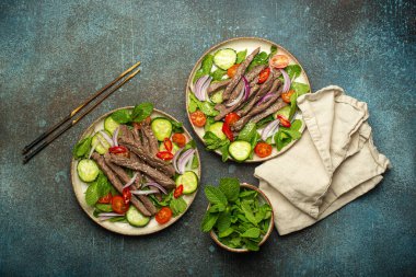 İki tabak geleneksel Tayland sığır eti salatası, sebzeli ve naneli. Beton arka planda servis ediliyor, sağlıklı egzotik Asya yemeği..