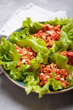 Lezzetli et, ot ve baharat karışımı ile dolu marul paketleri lezzetli ve ferahlatıcı bir aperatif oluşturur veya yüksek protein içeren hafif sağlıklı bir yemek