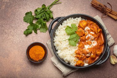 Aromatik Hint tavuğu tikka masala pilav ve kişniş, zerdeçal, sarımsak, tarçın çubukları, geleneksel Hint yemeği üst görünümü, kopyalama alanı ile servis edilir.