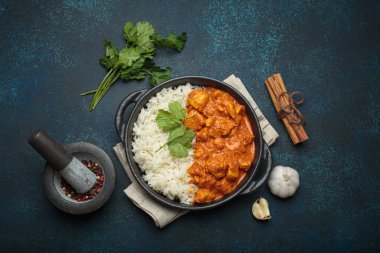 Hintli tavuk tikka masala kremalı domates soslu, basmati pilavı, taze kişniş ve baharatla servis ediliyor, geleneksel Hint yemeği.