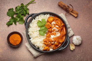 Aromatik Hint tavuğu tikka masala pilav ve kişniş, zerdeçal, sarımsak, tarçın çubukları, geleneksel Hint yemeği.