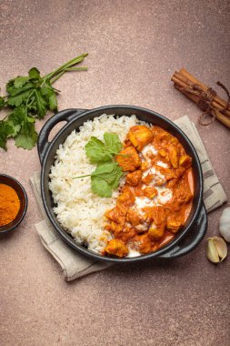 Aromatik Hint tavuğu tikka masala pilav ve kişniş, zerdeçal, sarımsak, tarçın çubukları, geleneksel Hint yemeği.