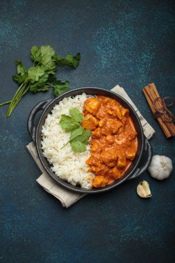 Hintli tavuk tikka masala kremalı domates soslu, basmati pilavı, taze kişniş ve baharatla servis ediliyor, geleneksel Hint yemeği.