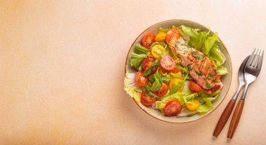 Taze yeşil marullu ızgara somon filetosu, renkli vişneli domates, salata üstü, bej renkli pastel arka plan, sağlıklı beslenme alışkanlıkları.