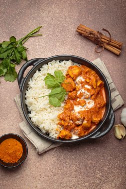 Aromatik Hint tavuğu tikka masala pilav ve kişniş, zerdeçal, sarımsak, tarçın çubukları, geleneksel Hint yemeği.
