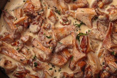 Taze dereotlu ve maydanozlu kremalı sosta kızartılmış lezzetli chanterelle mantarlarını kapatın.