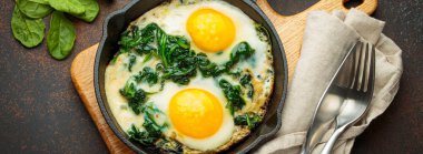 Sağlıklı demir bir tavada ıspanaklı omlet besleyici ve lezzetli bir kahvaltı ya da brunch için servis edilmeye hazır.