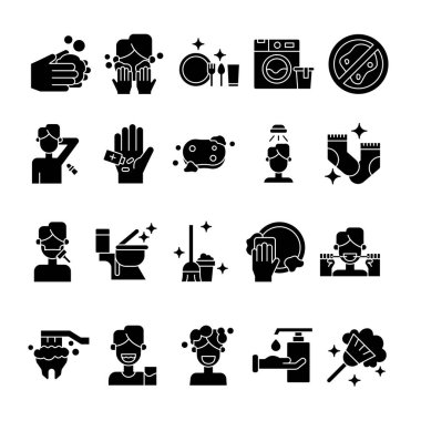 Glyph stili hijyen ikonu seti. İçinde çamaşır, şampuan, el dezenfektanı, el yıkama ve benzeri ikonlar var.. 