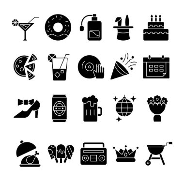 Parti İkonasını Glyph tarzıyla kutlayın. Bira Kutusu, Buket, Kokteyl, Disko Topu, Etc gibi Simgeler içerir. 