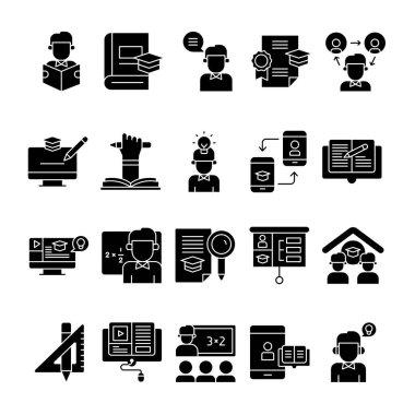 Glyph stili simge öğrenme seti. Sınıf, Ev Çalışması, Okuma, Çalışma, Etc gibi Simgeler içerir. 