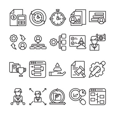 Taslak biçimli Proje Yönetimi Simgesi. Hesap Makinesi, Yönetim, Yönetici, Veri Analizi, Etc gibi Simgeleri içerir. 