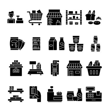 Glyph stili market ikonu seti. Pastane, Sepet, Araba, Dükkan, Etc gibi Simgeler içerir. 
