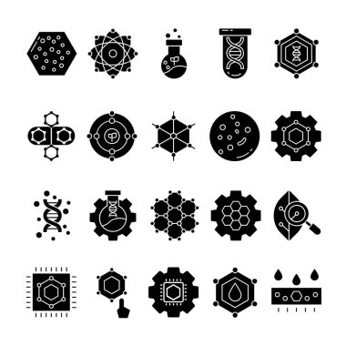 Glifi olan nanoteknoloji ikonu seti. Nanosensor, Nanofiltreleme, Yeşil Teknoloji, Etc gibi Simgeler içerir. 