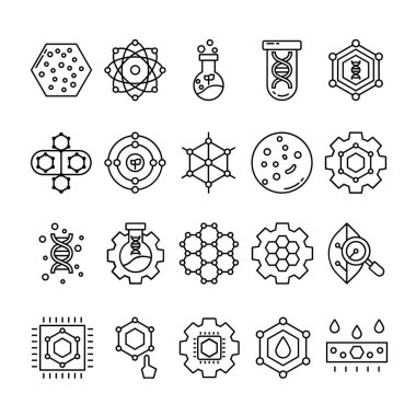 Ana hatlı nanoteknoloji ikonu seti. Nanosensor, Nanofiltreleme, Yeşil Teknoloji, Etc gibi Simgeler içerir. 