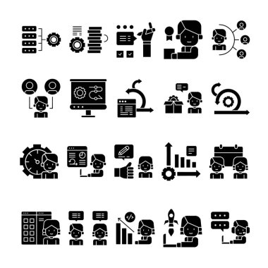 Scrum geliştirme simgesi seti. Kabartma biçiminde. Kabul, Analizci, Yedekleme, Etc gibi simgeleri içerir.