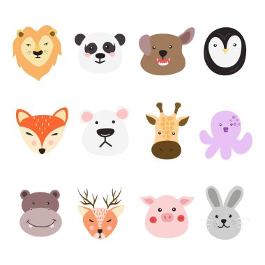 Hayvan Suratı Çizimi. Egzotik ve sevimli hayvan suratı. Karakterler beyaz arka planda sevimli hayvan yüzü portresi.