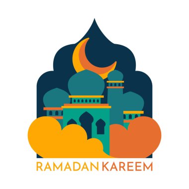 Ramazan Kareem ve İslami İllüstrasyon Süslemesi. Ramazan Kareem, arkaplandaki İslami camiyi selamlıyor