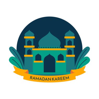 Ramazan Kareem ve İslami İllüstrasyon Süslemesi. Ramazan Kareem, arkaplandaki İslami camiyi selamlıyor