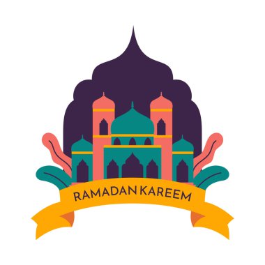 Ramazan Kareem ve İslami İllüstrasyon Süslemesi. Ramazan Kareem, arkaplandaki İslami camiyi selamlıyor