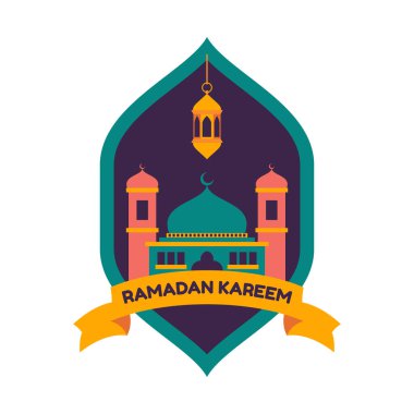 Ramazan Kareem ve İslami İllüstrasyon Süslemesi. Ramazan Kareem, arkaplandaki İslami camiyi selamlıyor