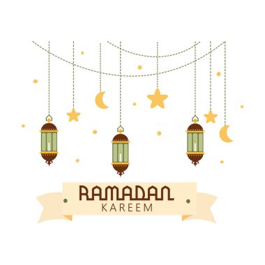 Ramazan Kareem ve İslami İllüstrasyon Süslemesi. Ramazan Kareem, arkaplandaki İslami camiyi selamlıyor