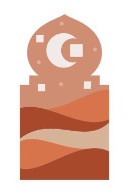 İslami doğu tarzı İslami pencereler ve kemerler modern boho tasarımı, ay, cami kubbesi ve fenerlere sahip.