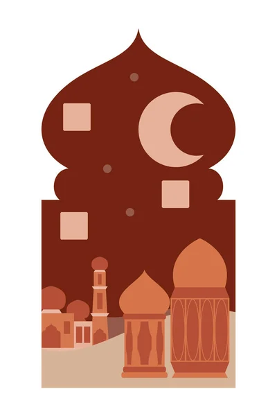 イスラム東洋スタイル現代的なBohoデザイン モスクのドームと提灯とイスラム窓やアーチ — ストックベクタ