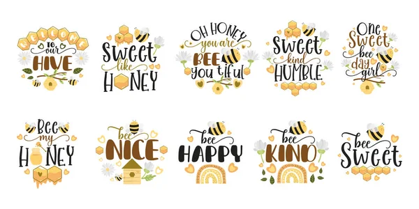 Ilustrace Včelích Citátů Motivační Inspirativní Design Včelími Ilustracemi — Stockový vektor