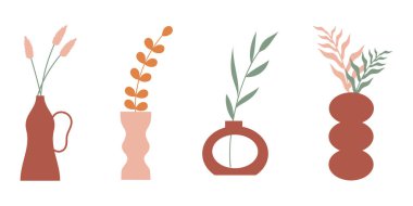 Modern soyut estetik ev bitkileri. Boho tarzında bir duvar dekoru. Kapak, duvar kağıdı, kart, sosyal medya, iç dekorasyon için yüzyılın ortalarında vektör baskısı