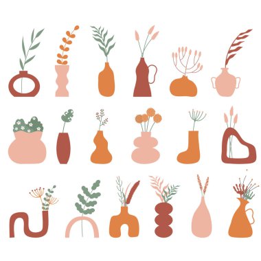 Modern soyut estetik ev bitkileri. Boho tarzında bir duvar dekoru. Kapak, duvar kağıdı, kart, sosyal medya, iç dekorasyon için yüzyılın ortalarında vektör baskısı