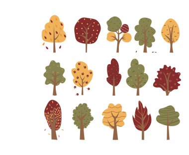 Çizgi film ağaç illüstrasyonu. Beyaz zemin üzerinde sonbahar ağaçlarının vektör illüstrasyonuName.
