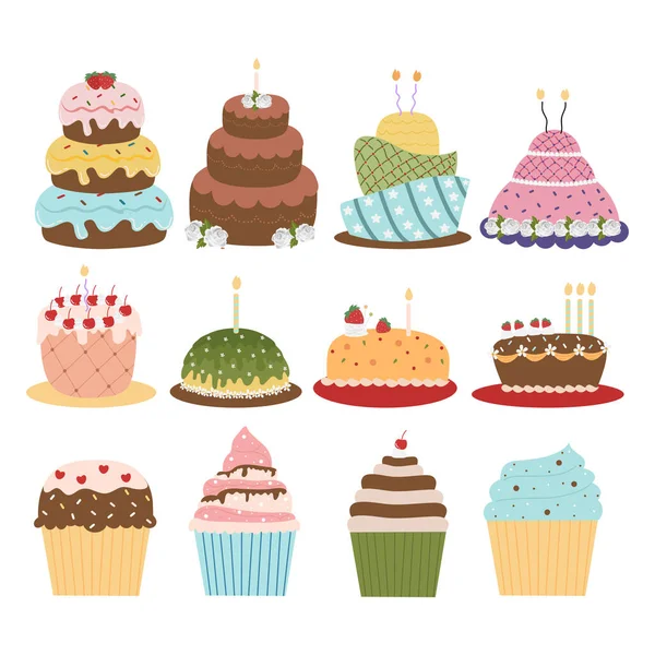 誕生日ケーキ漫画イラスト ドードルケーキ 幸せな誕生日のお祝いのためのカップケーキ — ストックベクタ