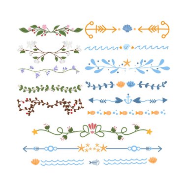 Çiçek süsleri, çerçeveler, bölücüler, sınırlar, çerçeveler ve çizgiler. Davetiyeler, afişler, posterler, pankartlar, rozetler için. Vektör izole illüstrasyonu.