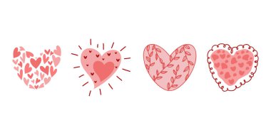 Dekoratif Aşk Kalpleri beyaz arka planda izole edilmiş. Vektör el aşk, düğün, sevgililer günü veya diğer romantik tasarım sembolleri çizdi.