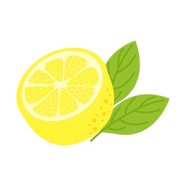 Taze Limon İllüstrasyonu Beyaz Arkaplanda İzole Edildi. Limon Dilimli Çizgi Film Çizimi.