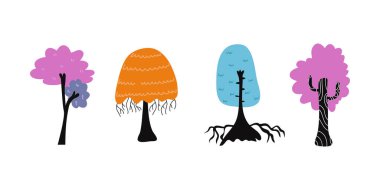 Beyaz arka planda karikatür ağacı izole edilmiş. Basit modern tarz. Şirin bitkiler, orman, vektör düz çizim. Yaz, bahar ağaçları.