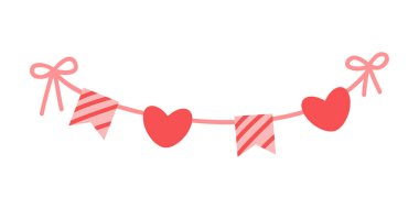 Şirin pembe kiraz çiçekleri, bayraklar. Kutlama dekoru. Sevgililer Günü. Sevimli, kalp şeklinde, eski püskü, şık tekstil bayrakları Sevgililer Günü için ideal, düğünler, doğum günleri, gelin duşları.