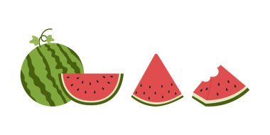 Taze ve sulu bütün karpuzlar ve dilimler. Çizgi film taze yeşil açık karpuz. Çizgi film taze yeşil açık karpuz yarısı, ısırıklar, dilimler ve üçgenler..