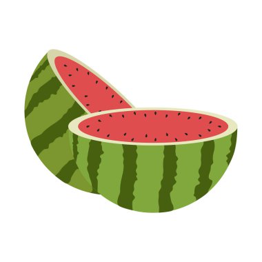 Taze ve sulu bütün karpuzlar ve dilimler. Çizgi film taze yeşil açık karpuz. Çizgi film taze yeşil açık karpuz yarısı, ısırıklar, dilimler ve üçgenler..