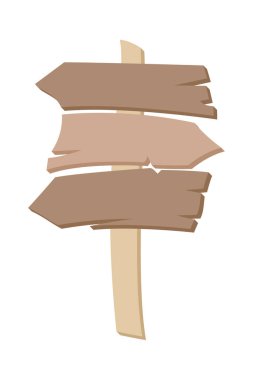 Çizgi film ahşap ok kırsal tabelalar, klasik yol bulma işaretleri. Tahta tabletler, desenli paneller, beyaz arkaplan vektör illüstrasyonuna izole edilmiş çizgi film stili tabelalar. Ui oyun varlıkları