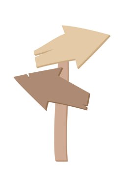 Çizgi film ahşap ok kırsal tabelalar, klasik yol bulma işaretleri. Tahta tabletler, desenli paneller, beyaz arkaplan vektör illüstrasyonuna izole edilmiş çizgi film stili tabelalar. Ui oyun varlıkları