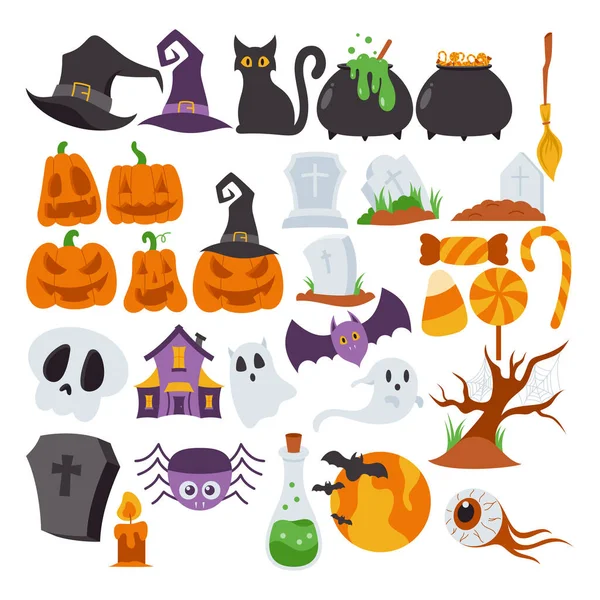 Strašidelné Halloween Ploché Designové Prvky Halloween Cartoon Ilustrace Izolované Bílém — Stockový vektor