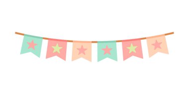 Bayraklı karnaval çelengi. Doğum günü kutlaması için dekoratif renkli parti flamaları. Bunting ve çelenk takımı. Renkli bayrak. Kutlama, parti veya festival tasarımı için unsurlar.