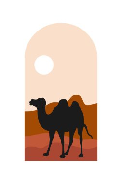 Günbatımı çöl manzarasının vektör çizimi. Vahşi Batı Teksas çöl günbatımında dağlar ve kaktüsler düz çizgi film tarzında..