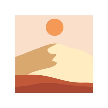 Günbatımı çöl manzarasının vektör çizimi. Vahşi Batı Teksas çöl günbatımında dağlar ve kaktüsler düz çizgi film tarzında..