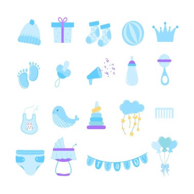 Beyaz arka planda mavi renk izole edilmiş bebek duş tasarımı öğesi. Küçük yeni doğan çocuk için resim. 