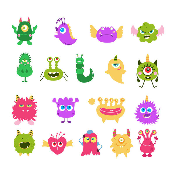 Cute Monsters Vector Illustration.  Creature cartoon character drawings. Monsters illustration. Alien clip art. Creepy critter graphic collection.