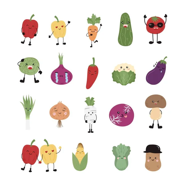 stock vector Cartoon vegetable character sticker. Funny emoticon in flat style. Food emoji. Funny vegetable characters isolated on white background, Cute and funny fruit set vector illustration